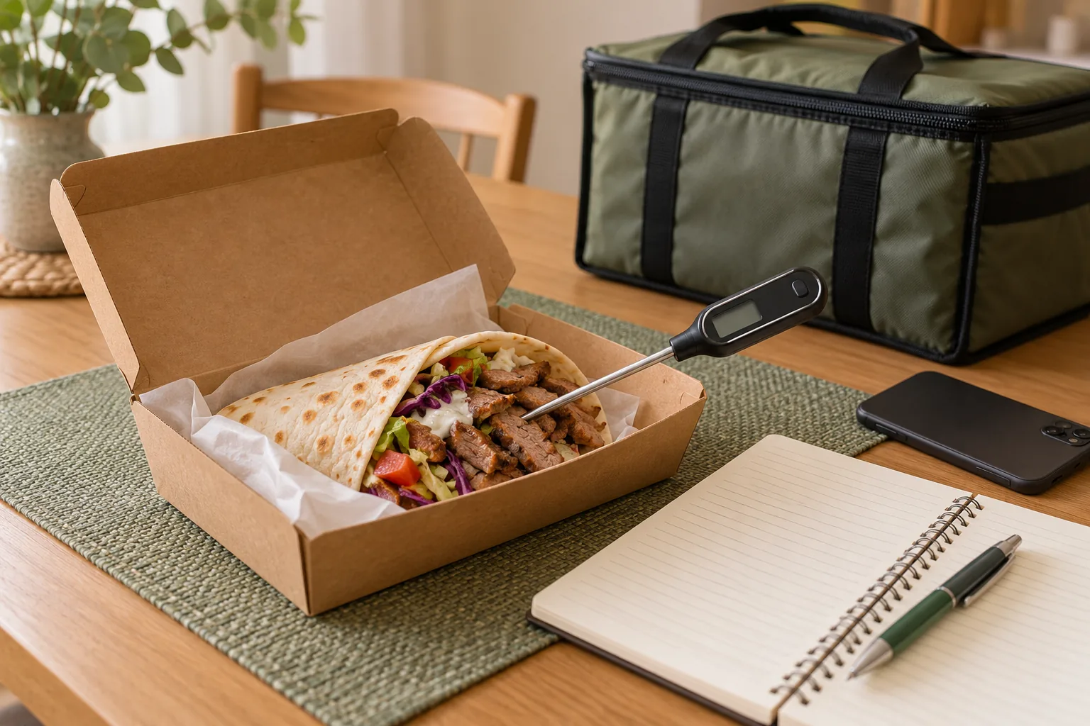 Tortilla po dostawie, sonda termometru w nadzieniu oraz notes do zapisania obserwacji