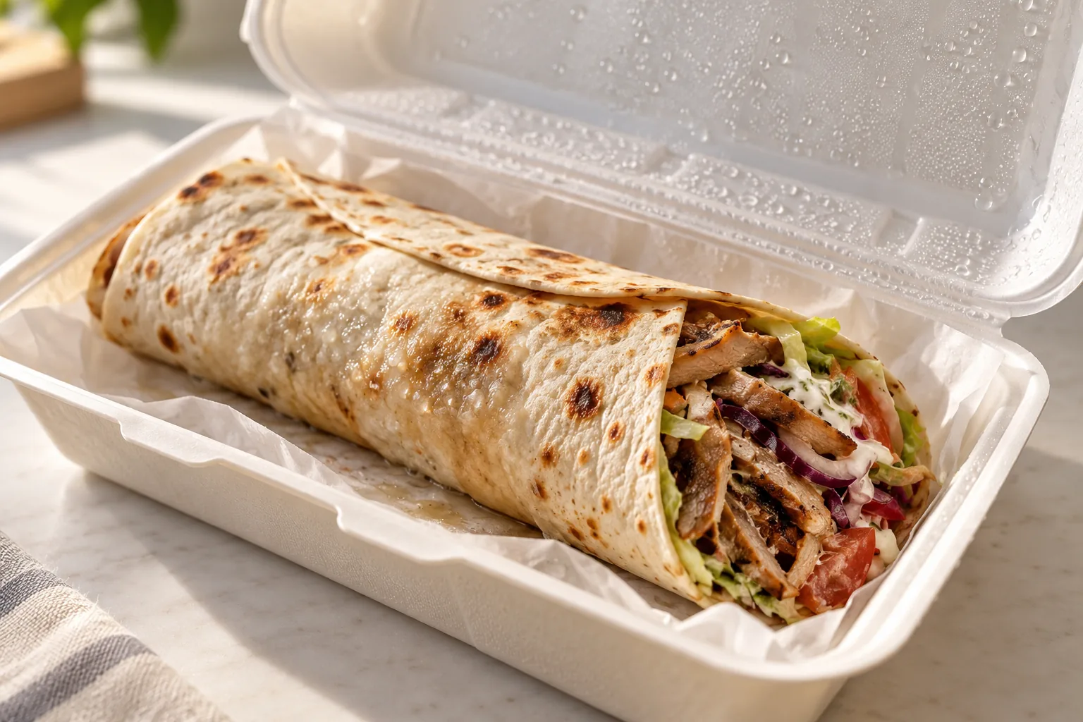 Tortilla w otwartym opakowaniu z kroplami wilgoci na pokrywce