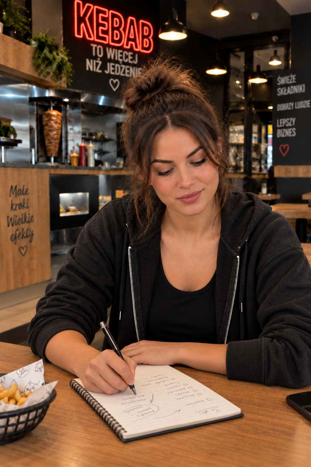 Wirtualna Marta zapisuje plan w notesie przy stoliku w kebabowni