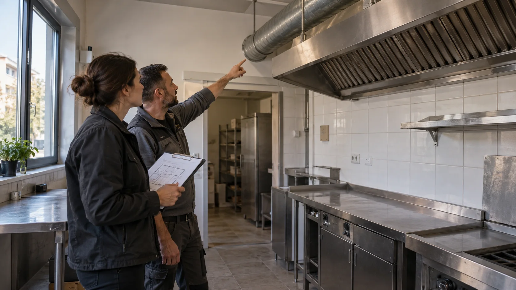 Przyszła najemczyni i fachowiec oglądają okap oraz kanał wentylacyjny w nieczynnym zapleczu gastronomicznym